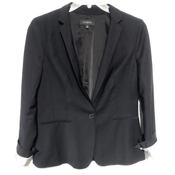 Talbots Jackets & Blazers - Talbots Black Wool Blazer Sz 10 Single Button Jacket Striped cuff sleeves Chic